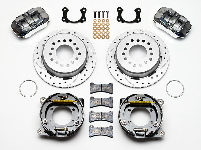 Wilwood Forged Dynapro Low-Profile Rear Parking Brake Kit Parts Laid Out - Polish Caliper - SRP Drilled & Slotted Rotor