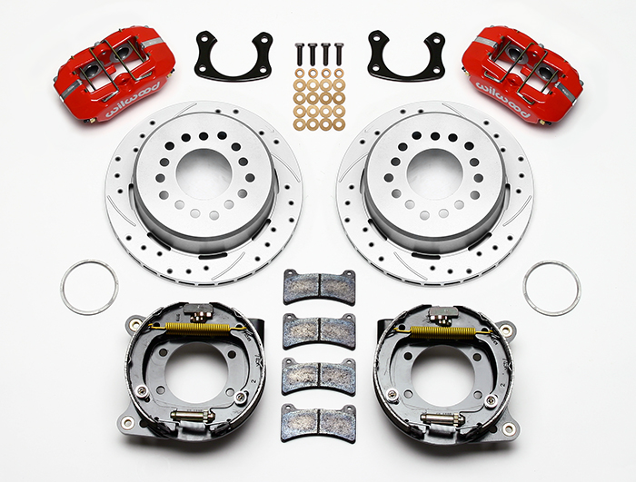 Wilwood Forged Dynapro Low-Profile Rear Parking Brake Kit Parts Laid Out - Red Powder Coat Caliper - SRP Drilled & Slotted Rotor