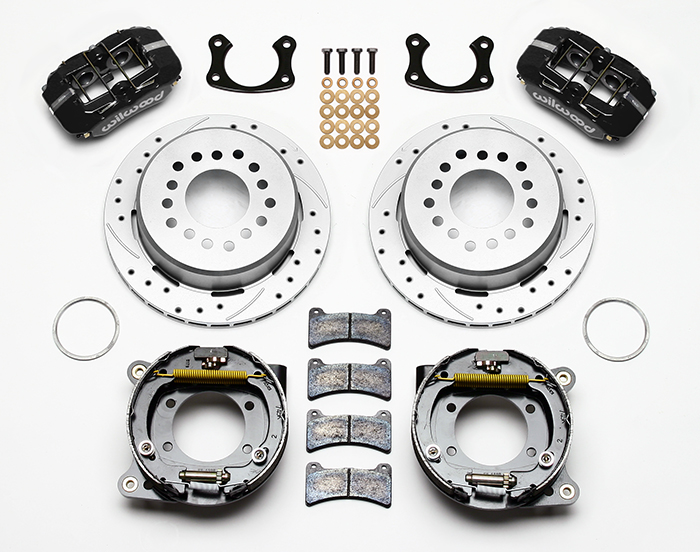 Wilwood Forged Dynapro Low-Profile Rear Parking Brake Kit Parts Laid Out - Black Powder Coat Caliper - SRP Drilled & Slotted Rotor