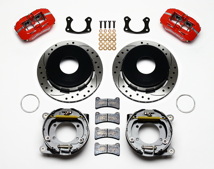 Wilwood Forged Dynapro Low-Profile Rear Parking Brake Kit Parts Laid Out - Red Powder Coat Caliper - SRP Drilled & Slotted Rotor