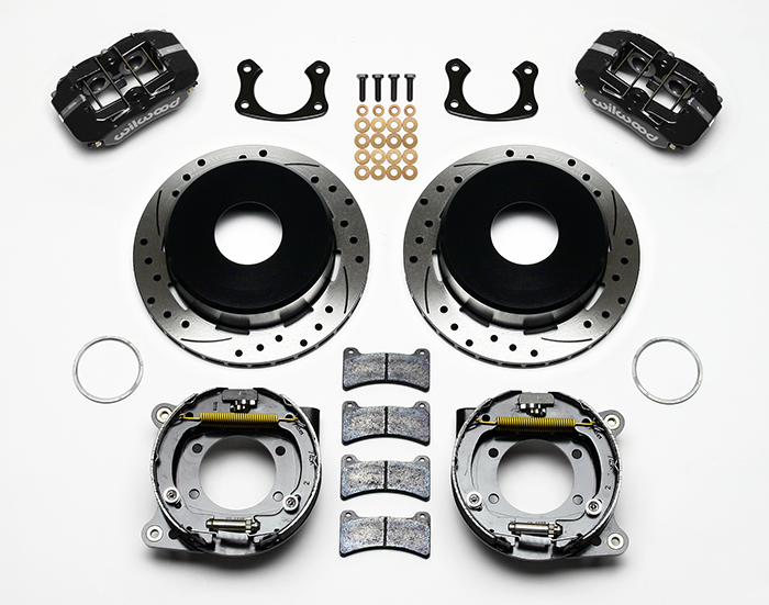 Wilwood Forged Dynapro Low-Profile Rear Parking Brake Kit Parts Laid Out - Black Powder Coat Caliper - SRP Drilled & Slotted Rotor