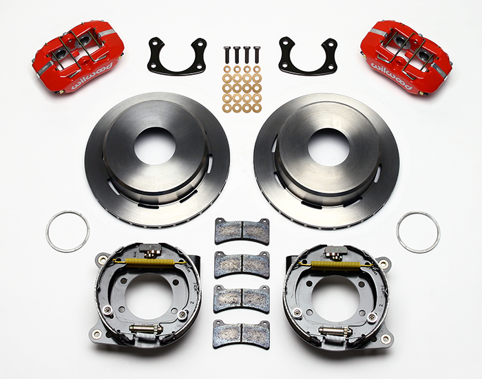 Wilwood Forged Dynapro Low-Profile Rear Parking Brake Kit Parts Laid Out - Red Powder Coat Caliper - Plain Face Rotor