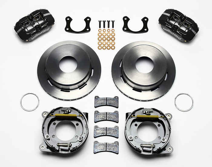 Wilwood Forged Dynapro Low-Profile Rear Parking Brake Kit Parts Laid Out - Black Powder Coat Caliper - Plain Face Rotor