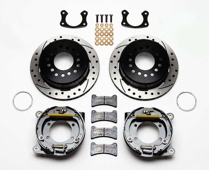Wilwood Forged Dynapro Low-Profile Rear Parking Brake Kit Parts Laid Out - SRP Drilled & Slotted Rotor