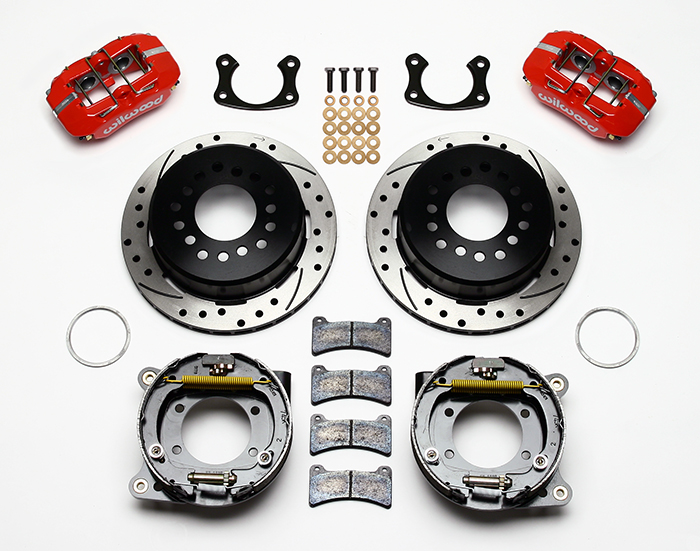 Wilwood Forged Dynapro Low-Profile Rear Parking Brake Kit Parts Laid Out - Red Powder Coat Caliper - SRP Drilled & Slotted Rotor