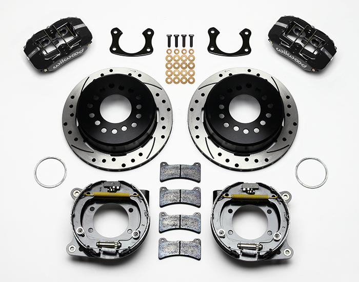 Wilwood Forged Dynapro Low-Profile Rear Parking Brake Kit Parts Laid Out - Black Powder Coat Caliper - SRP Drilled & Slotted Rotor