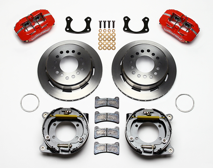 Wilwood Forged Dynapro Low-Profile Rear Parking Brake Kit Parts Laid Out - Red Powder Coat Caliper - Plain Face Rotor