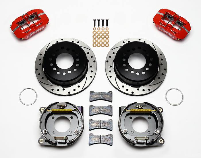 Wilwood Forged Dynapro Low-Profile Rear Parking Brake Kit Parts Laid Out - Red Powder Coat Caliper - SRP Drilled & Slotted Rotor