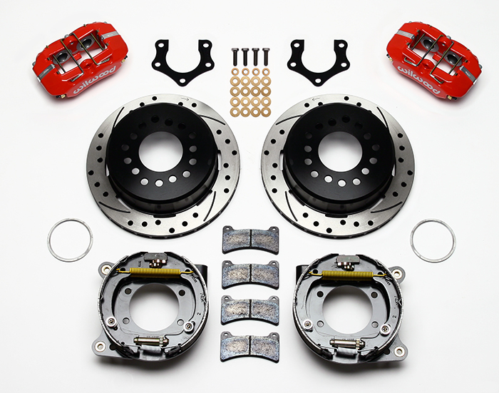 Wilwood Forged Dynapro Low-Profile Rear Parking Brake Kit Parts Laid Out - Red Powder Coat Caliper - SRP Drilled & Slotted Rotor