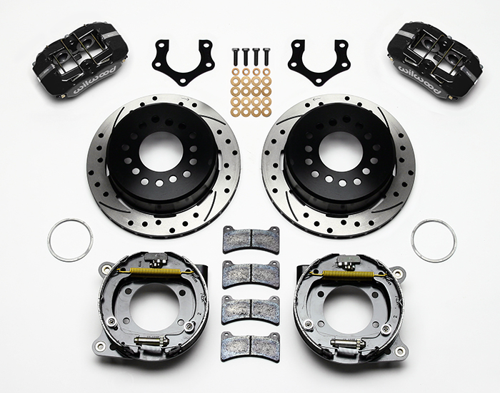 Wilwood Forged Dynapro Low-Profile Rear Parking Brake Kit Parts Laid Out - Black Powder Coat Caliper - SRP Drilled & Slotted Rotor