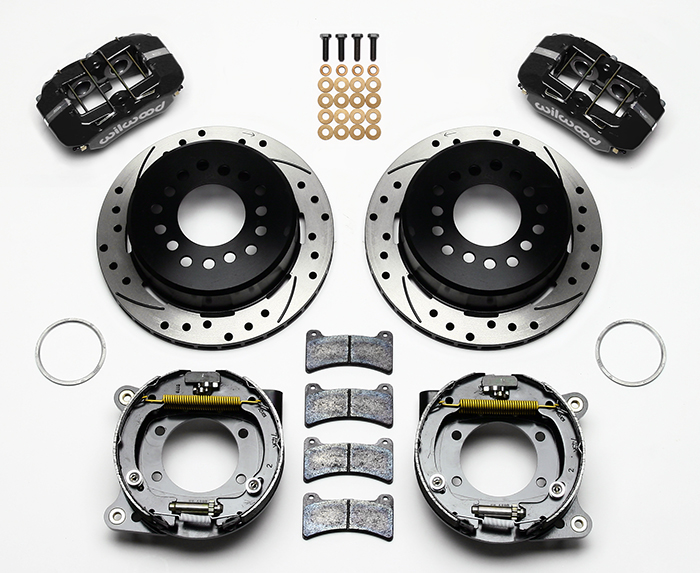 Wilwood Forged Dynapro Low-Profile Rear Parking Brake Kit Parts Laid Out - Black Powder Coat Caliper - SRP Drilled & Slotted Rotor