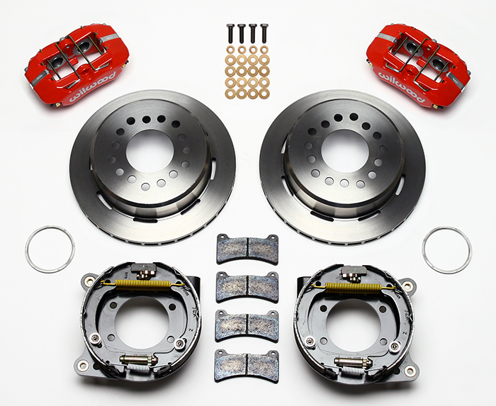 Wilwood Forged Dynapro Low-Profile Rear Parking Brake Kit Parts Laid Out - Red Powder Coat Caliper - Plain Face Rotor