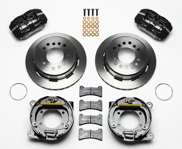 Wilwood Forged Dynapro Low-Profile Rear Parking Brake Kit Parts Laid Out - Black Powder Coat Caliper - Plain Face Rotor