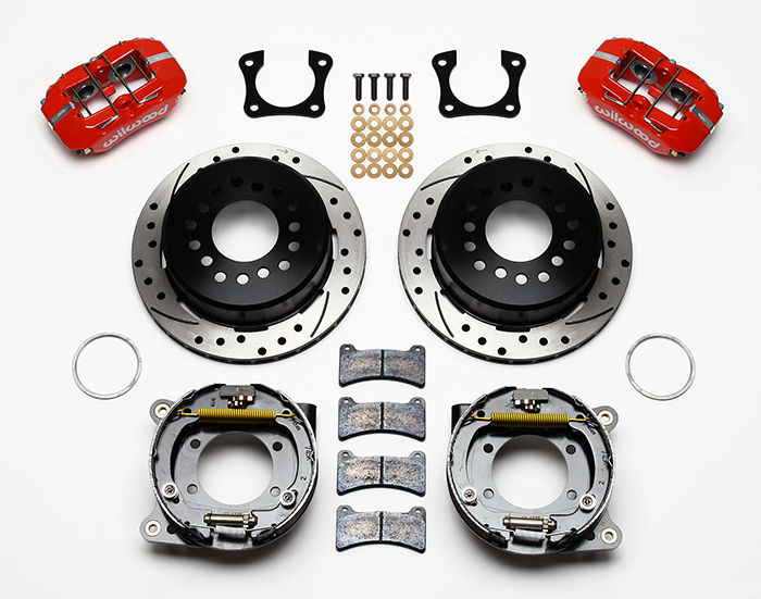 Wilwood Forged Dynapro Low-Profile Rear Parking Brake Kit Parts Laid Out - Red Powder Coat Caliper - SRP Drilled & Slotted Rotor