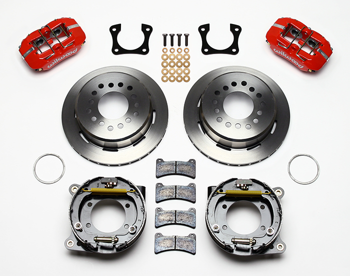 Wilwood Forged Dynapro Low-Profile Rear Parking Brake Kit Parts Laid Out - Red Powder Coat Caliper - Plain Face Rotor