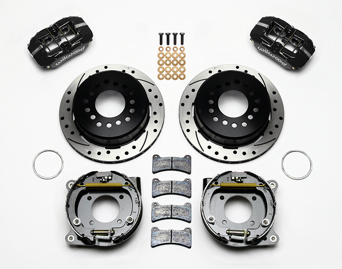 Wilwood Forged Dynapro Low-Profile Rear Parking Brake Kit Parts Laid Out - Black Powder Coat Caliper - SRP Drilled & Slotted Rotor