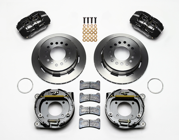 Wilwood Forged Dynapro Low-Profile Rear Parking Brake Kit Parts Laid Out - Black Powder Coat Caliper - Plain Face Rotor