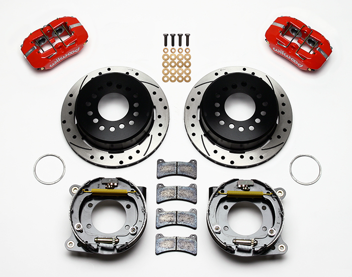 Wilwood Forged Dynapro Low-Profile Rear Parking Brake Kit Parts Laid Out - Red Powder Coat Caliper - SRP Drilled & Slotted Rotor