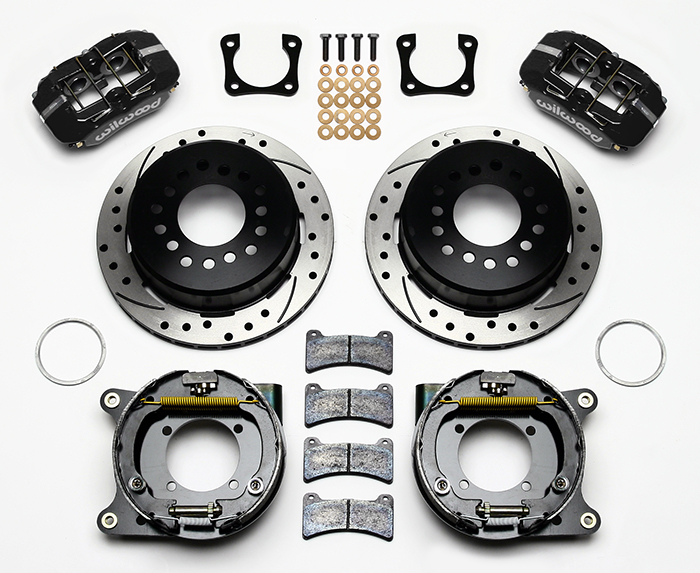 Wilwood Forged Dynapro Low-Profile Rear Parking Brake Kit Parts Laid Out - Black Powder Coat Caliper - SRP Drilled & Slotted Rotor