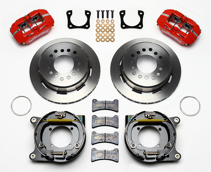 Wilwood Forged Dynapro Low-Profile Rear Parking Brake Kit Parts Laid Out - Red Powder Coat Caliper - Plain Face Rotor