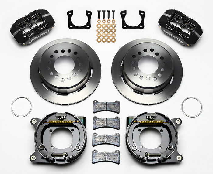 Wilwood Forged Dynapro Low-Profile Rear Parking Brake Kit Parts Laid Out - Black Powder Coat Caliper - Plain Face Rotor