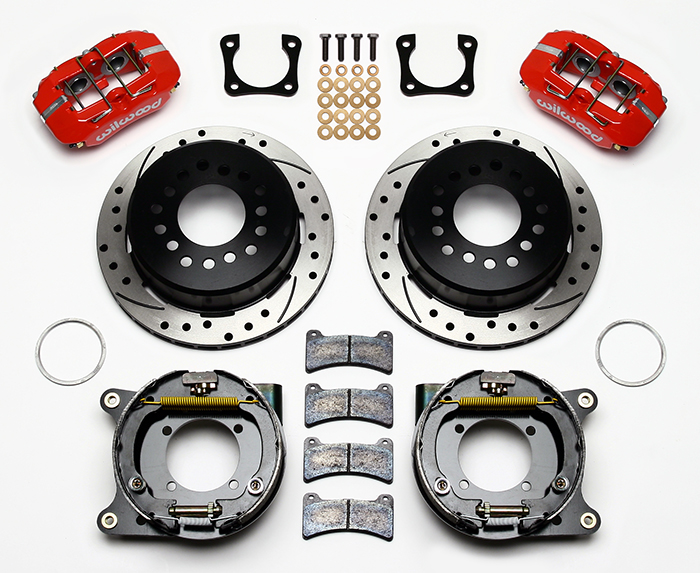 Wilwood Forged Dynapro Low-Profile Rear Parking Brake Kit Parts Laid Out - Red Powder Coat Caliper - SRP Drilled & Slotted Rotor