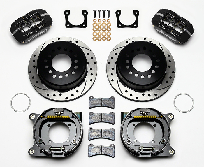 Wilwood Forged Dynapro Low-Profile Rear Parking Brake Kit Parts Laid Out - Black Powder Coat Caliper - SRP Drilled & Slotted Rotor