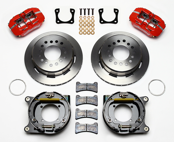 Wilwood Forged Dynapro Low-Profile Rear Parking Brake Kit Parts Laid Out - Red Powder Coat Caliper - Plain Face Rotor