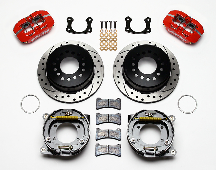 Wilwood Forged Dynapro Low-Profile Rear Parking Brake Kit Parts Laid Out - Red Powder Coat Caliper - SRP Drilled & Slotted Rotor