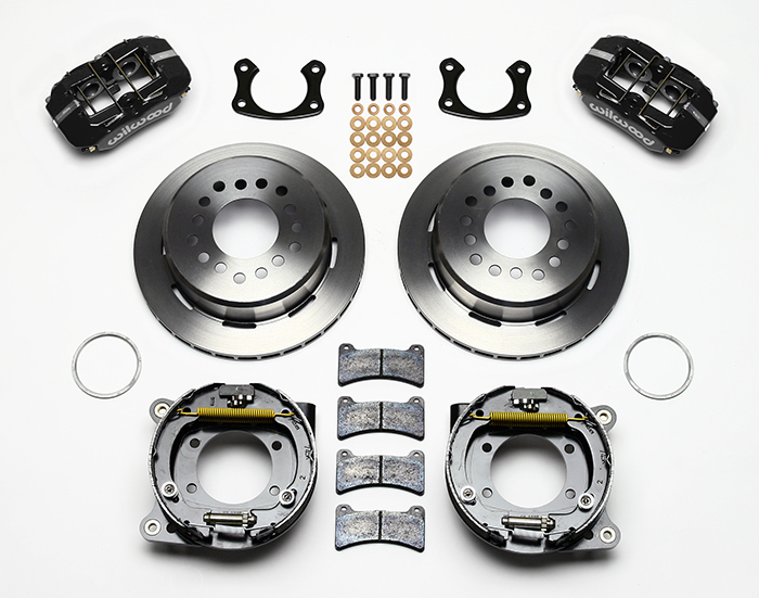 Wilwood Forged Dynapro Low-Profile Rear Parking Brake Kit Parts Laid Out - Polish Caliper - Plain Face Rotor