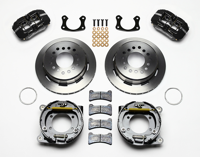 Wilwood Forged Dynapro Low-Profile Rear Parking Brake Kit Parts Laid Out - Black Powder Coat Caliper - Plain Face Rotor