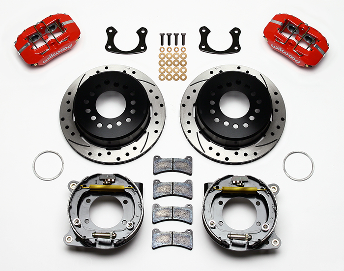 Wilwood Forged Dynapro Low-Profile Rear Parking Brake Kit Parts Laid Out - Red Powder Coat Caliper - SRP Drilled & Slotted Rotor