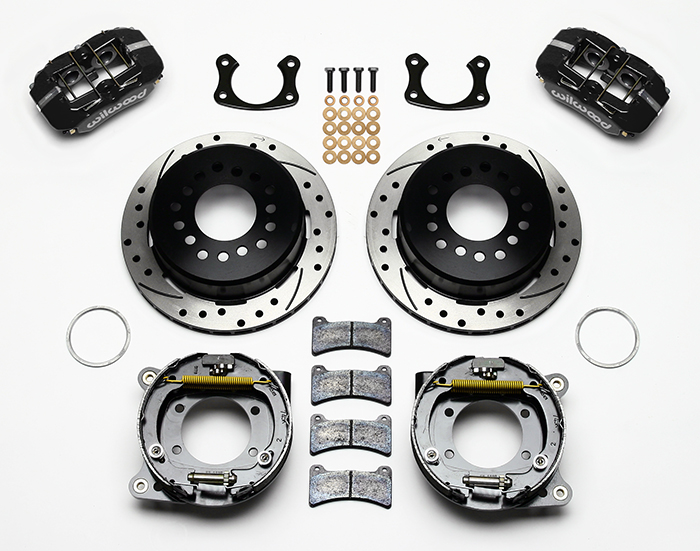 Wilwood Forged Dynapro Low-Profile Rear Parking Brake Kit Parts Laid Out - Black Powder Coat Caliper - SRP Drilled & Slotted Rotor