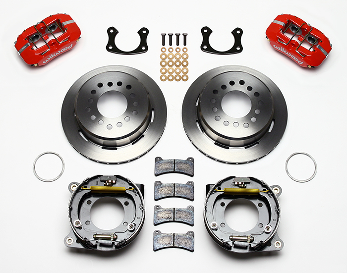 Wilwood Forged Dynapro Low-Profile Rear Parking Brake Kit Parts Laid Out - Red Powder Coat Caliper - Plain Face Rotor