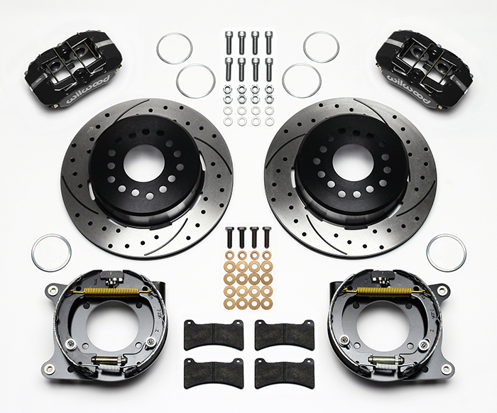 Wilwood Forged Dynapro Low-Profile Rear Parking Brake Kit Parts Laid Out - Black Powder Coat Caliper - SRP Drilled & Slotted Rotor