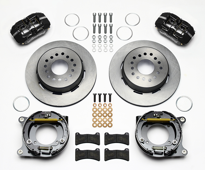 Wilwood Forged Dynapro Low-Profile Rear Parking Brake Kit Parts Laid Out - Black Powder Coat Caliper - Plain Face Rotor