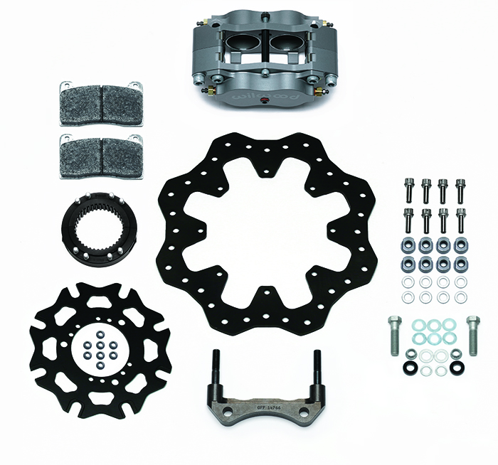 Wilwood Billet Narrow Dynalite Radial Mount Sprint Inboard Brake Kit Parts Laid Out - Type III Anodize Caliper - Drilled Rotor