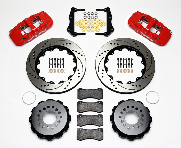Wilwood AERO4 Big Brake Rear Brake Kit For OE Parking Brake Parts Laid Out - Red Powder Coat Caliper - SRP Drilled & Slotted Rotor