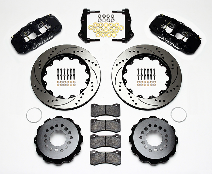 Wilwood AERO4 Big Brake Rear Brake Kit For OE Parking Brake Parts Laid Out - Black Powder Coat Caliper - SRP Drilled & Slotted Rotor