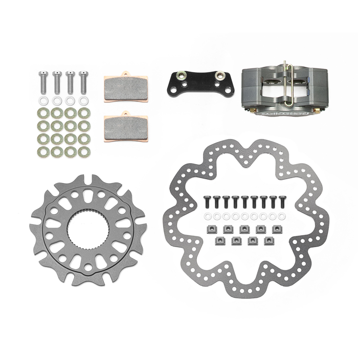 Wilwood GP320 Sprint Right Rear Brake Kit Parts Laid Out - Drilled Rotor
