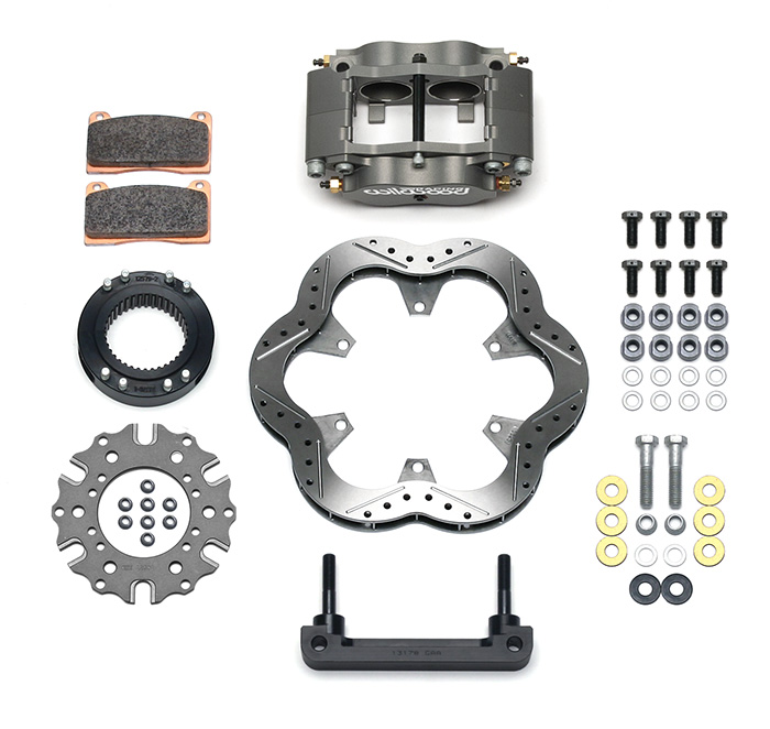 Wilwood Billet Narrow Dynalite Radial Mount Midget Inboard Brake Kit Parts Laid Out - Type III Ano Caliper - Drilled Rotor
