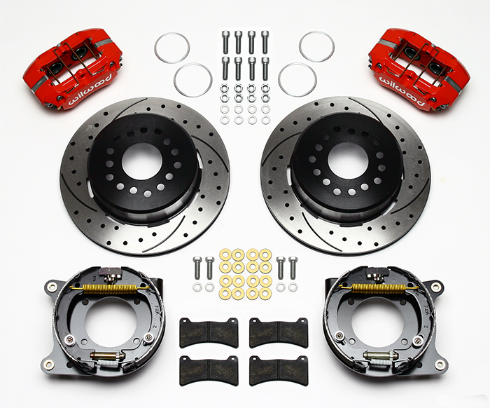 Wilwood Forged Dynapro Low-Profile Rear Parking Brake Kit Parts Laid Out - Red Powder Coat Caliper - SRP Drilled & Slotted Rotor