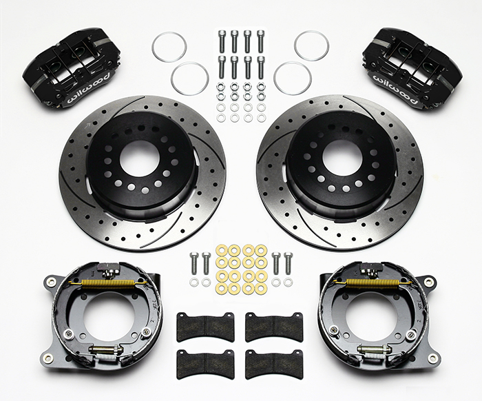 Wilwood Forged Dynapro Low-Profile Rear Parking Brake Kit Parts Laid Out - Black Powder Coat Caliper - SRP Drilled & Slotted Rotor