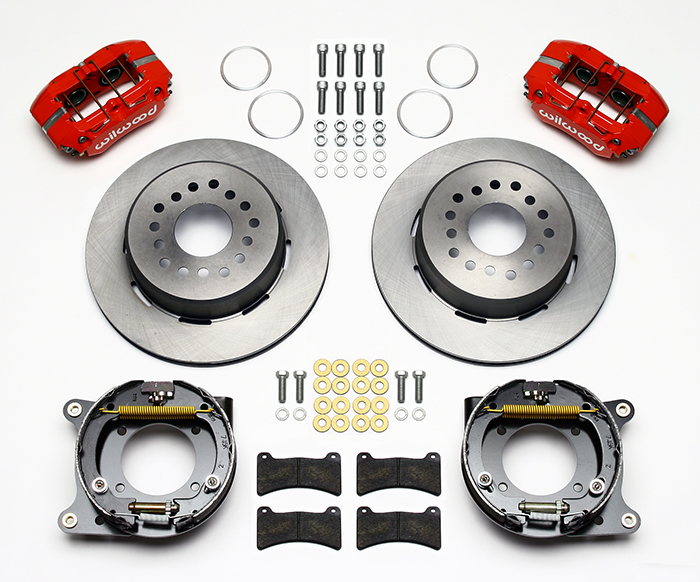 Wilwood Forged Dynapro Low-Profile Rear Parking Brake Kit Parts Laid Out - Red Powder Coat Caliper - Plain Face Rotor