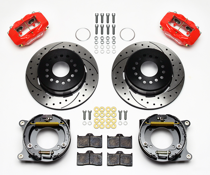 Wilwood Forged Dynalite Rear Parking Brake Kit Parts Laid Out - Red Powder Coat Caliper - SRP Drilled & Slotted Rotor