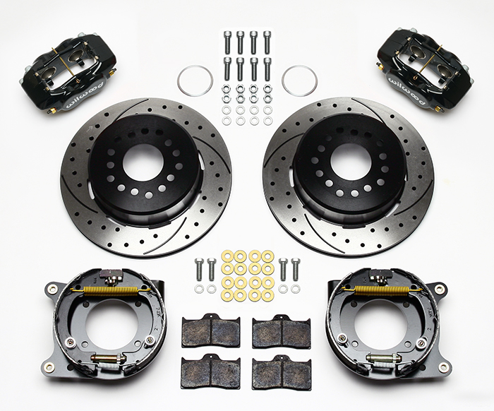 Wilwood Forged Dynalite Rear Parking Brake Kit Parts Laid Out - Black Powder Coat Caliper - SRP Drilled & Slotted Rotor