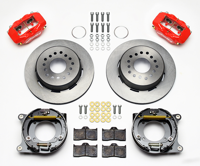 Wilwood Forged Dynalite Rear Parking Brake Kit Parts Laid Out - Red Powder Coat Caliper - Plain Face Rotor