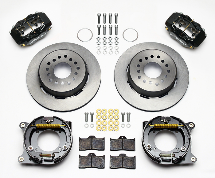 Wilwood Forged Dynalite Rear Parking Brake Kit Parts Laid Out - Black Powder Coat Caliper - Plain Face Rotor