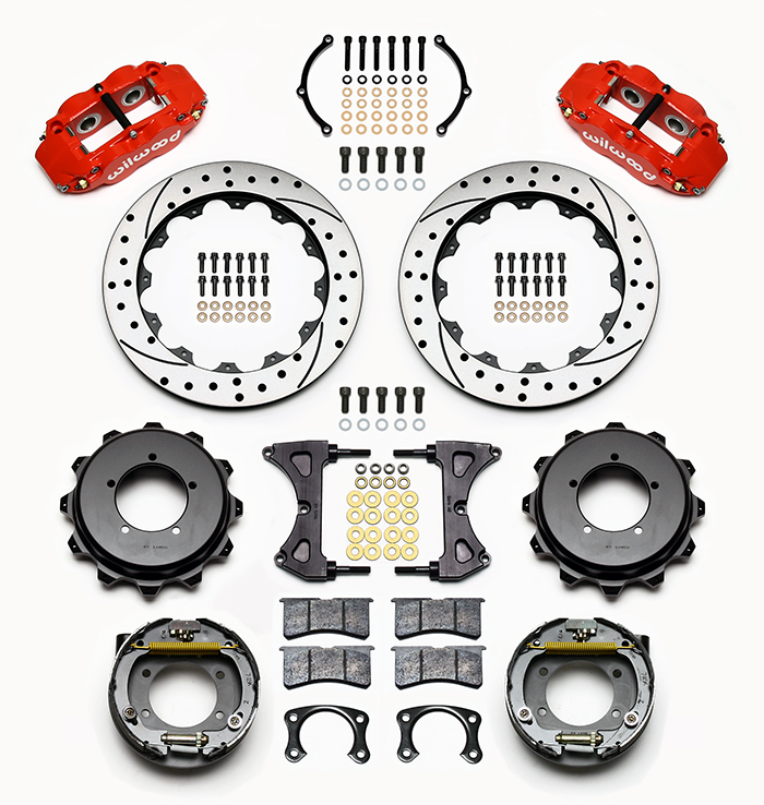 Wilwood Forged Narrow Superlite 4R Big Brake Rear Parking Brake Kit Parts Laid Out - Red Powder Coat Caliper - SRP Drilled & Slotted Rotor