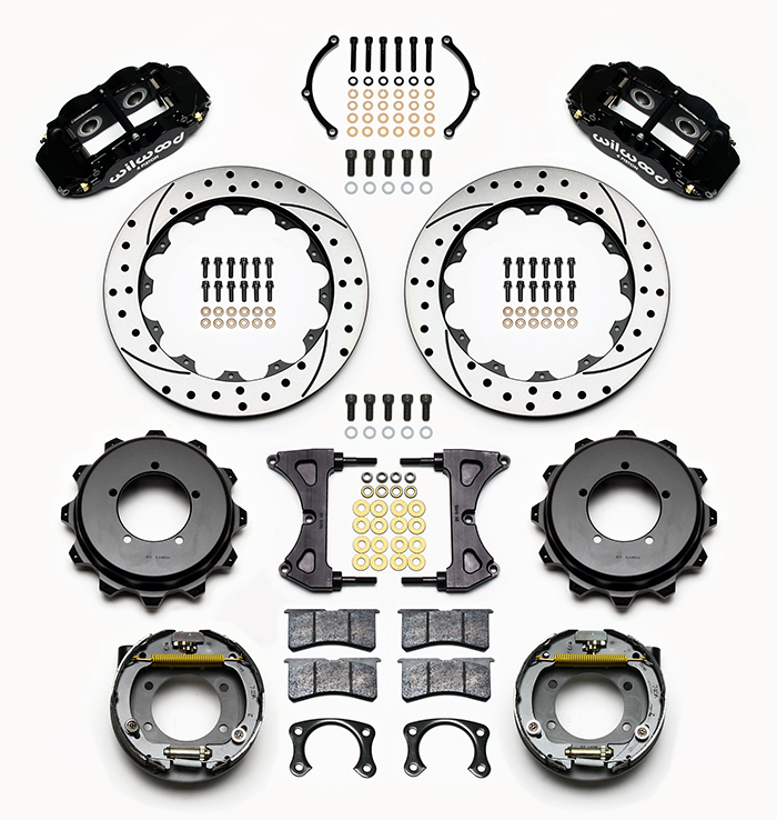 Wilwood Forged Narrow Superlite 4R Big Brake Rear Parking Brake Kit Parts Laid Out - Black Powder Coat Caliper - SRP Drilled & Slotted Rotor